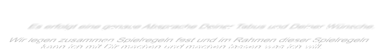 Es erfolgt eine genaue Absprache Deiner Tabus und Deiner Wünsche.  Wir legen zusammen Spielregeln fest und im Rahmen dieser Spielregeln kann ich mit Dir machen und machen lassen was ich will.